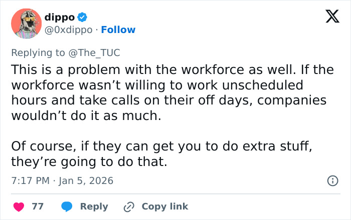 Tweet about workforce issues and unscheduled work hours highlighting Dutch worker giving annoyed American boss a reality check.