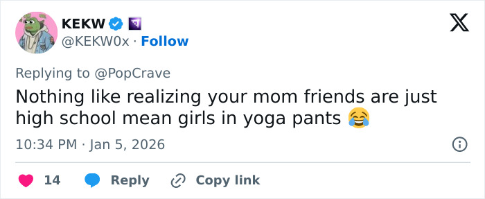 Tweet screenshot mocking mom friends as high school mean girls, KEKW handle and mention of Ashley Tisdale