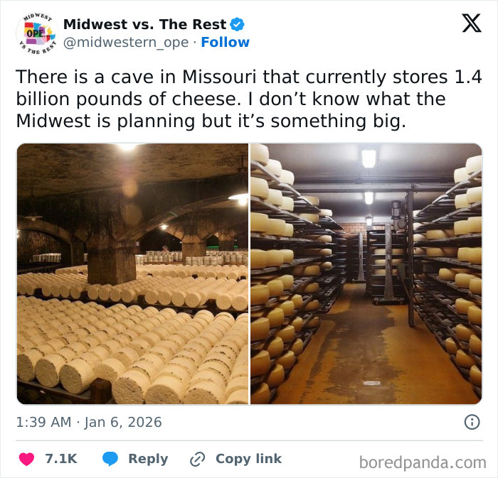 Cave in Missouri storing 1.4 billion pounds of cheese, showcasing Midwest life and culture in a unique storage facility.