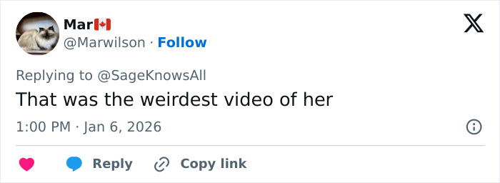 Screenshot of a tweet reply reading That was the weirdest video of her, referencing Kate Middleton and Prince Harry