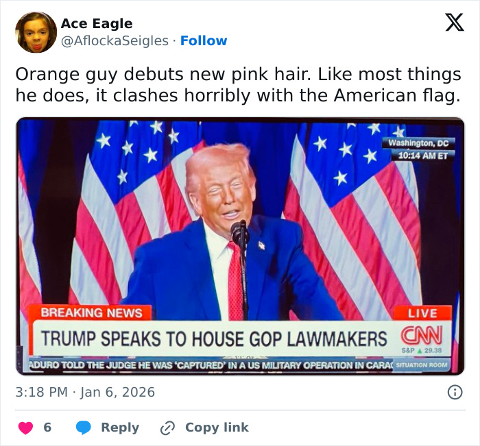 Trump speaking in front of American flags with pink hair, highlighting professional stylist insights on his hair color change. Trump speaking in front of American flags with pink hair, highlighting professional stylist insights on his hair color change.