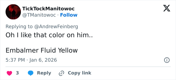 Tweet reply discussing Trump's hair color turning pink, mentioning embalmer fluid yellow in a casual tone. Tweet reply discussing Trump's hair color turning pink, mentioning embalmer fluid yellow in a casual tone.