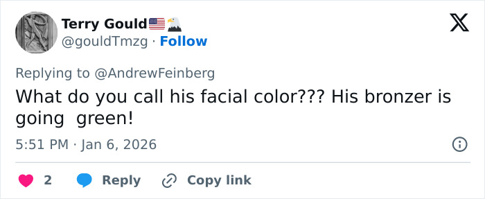 Tweet mentioning unusual facial color and bronzer tone while referencing professional stylist insights on Trump's pink hair.
