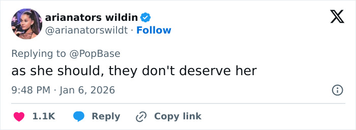 Screenshot of tweet about Cynthia Erivo reading as she should, they don't deserve her; 1.1K likes, Jan 6 2026 Screenshot of tweet about Cynthia Erivo reading as she should, they don't deserve her; 1.1K likes, Jan 6 2026