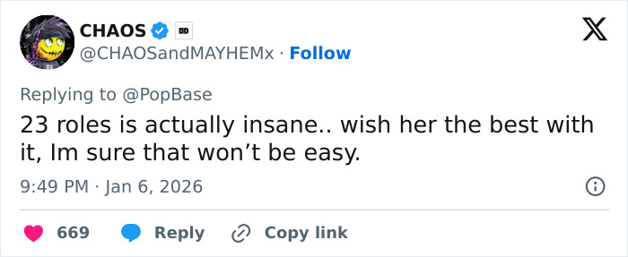 Tweet screenshot referencing Cynthia Erivo: CHAOS says 23 roles is actually insane, wishing her the best Tweet screenshot referencing Cynthia Erivo: CHAOS says 23 roles is actually insane, wishing her the best