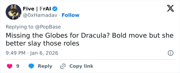 X screenshot: reply about Cynthia Erivo skipping the Golden Globes for Dracula, user avatar and timestamp visible X screenshot: reply about Cynthia Erivo skipping the Golden Globes for Dracula, user avatar and timestamp visible