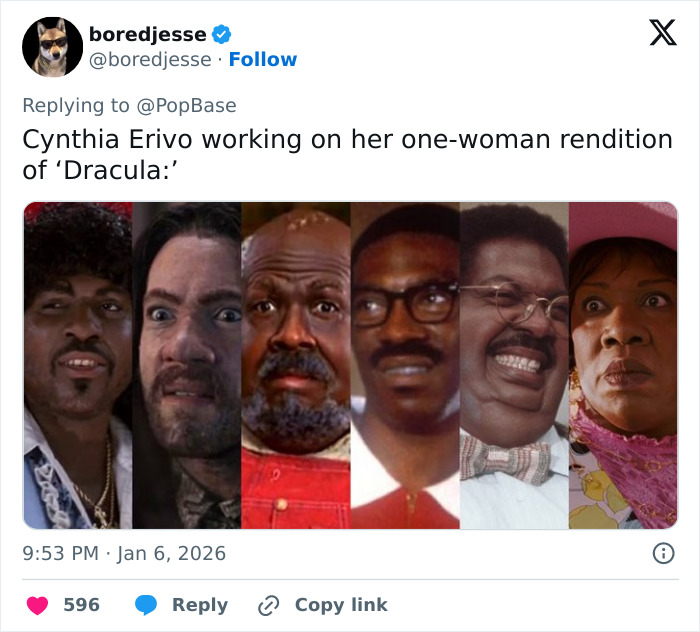 Tweet screenshot mentioning Cynthia Erivo and Golden Globes, with a collage of comedic character portraits.