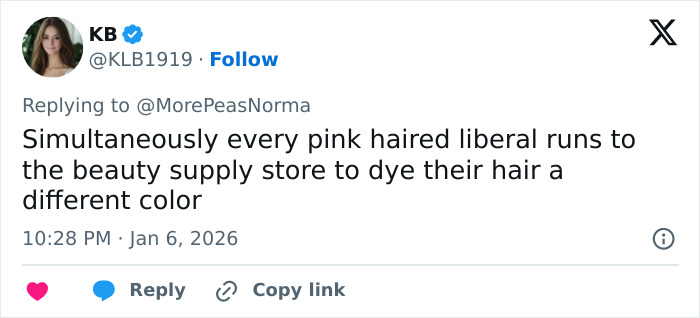 Tweet screenshot of KB commenting on pink hair trends among liberals, related to professional stylist insights on Trump’s hair change. Tweet screenshot of KB commenting on pink hair trends among liberals, related to professional stylist insights on Trump’s hair change.
