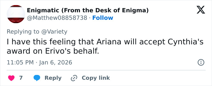 Tweet screenshot predicting Ariana will accept Cynthia Erivo's award, referencing Cynthia Erivo skipping Golden Globes Tweet screenshot predicting Ariana will accept Cynthia Erivo's award, referencing Cynthia Erivo skipping Golden Globes