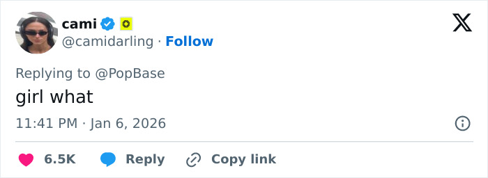 Tweet screenshot reading girl what, reply to PopBase with 6.5K likes, timestamp Jan 6 2026 — Cynthia Erivo Tweet screenshot reading girl what, reply to PopBase with 6.5K likes, timestamp Jan 6 2026 — Cynthia Erivo