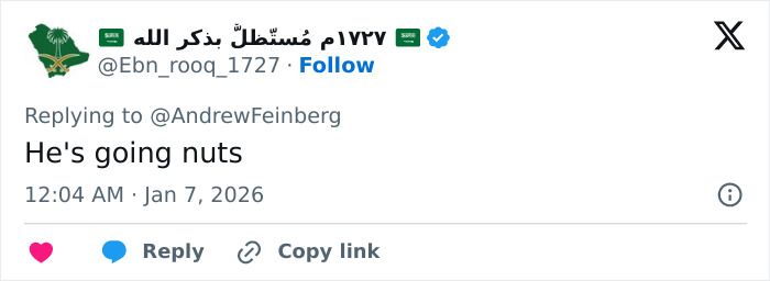 Tweet reply text saying he's going nuts, posted by a user with Arabic name and Saudi flag icons on a social media platform.