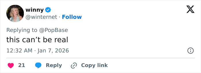 Social media reply screenshot to PopBase reading this can't be real, referencing Cynthia Erivo and Golden Globes Social media reply screenshot to PopBase reading this can't be real, referencing Cynthia Erivo and Golden Globes