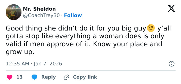 Screenshot of a tweet criticizing men who troll a woman after her viral breast reduction news in 2026. Screenshot of a tweet criticizing men who troll a woman after her viral breast reduction news in 2026.