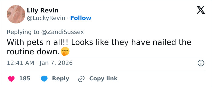 Screenshot of a tweet praising Prince William with his kids, saying they nailed the routine, with timestamp and icons.