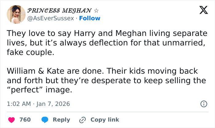 Tweet screenshot accusing royal couple of crisis and conspiracy theories about a video of royal family with kids