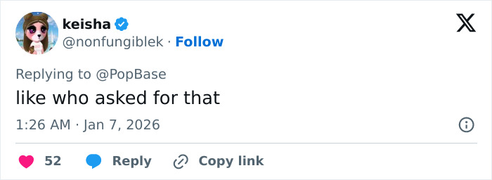 Screenshot of tweet reading like who asked for that, reply to PopBase reacting to Cynthia Erivo skipping Golden Globes Screenshot of tweet reading like who asked for that, reply to PopBase reacting to Cynthia Erivo skipping Golden Globes