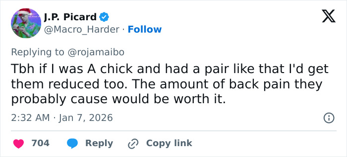 Screenshot of a Twitter reply discussing breast reduction and the impact of back pain, linked to viral breast reduction topic. Screenshot of a Twitter reply discussing breast reduction and the impact of back pain, linked to viral breast reduction topic.