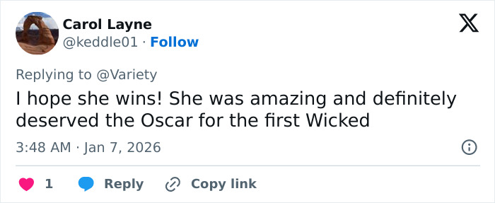 Screenshot of tweet praising Cynthia Erivo, says she deserved the Oscar for the original Wicked, Jan 7 2026 Screenshot of tweet praising Cynthia Erivo, says she deserved the Oscar for the original Wicked, Jan 7 2026