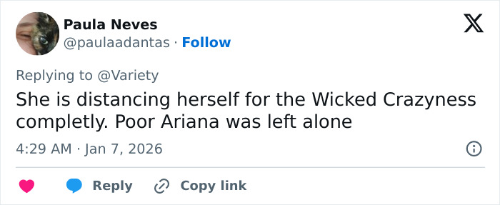Screenshot of tweet about distancing from Wicked and Ariana, reply visible — Cynthia Erivo Golden Globes Screenshot of tweet about distancing from Wicked and Ariana, reply visible — Cynthia Erivo Golden Globes