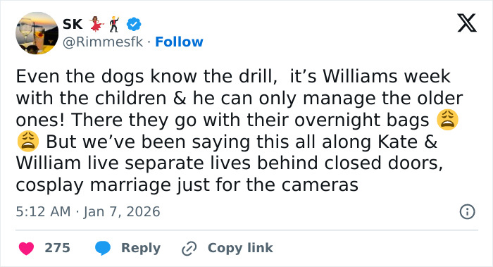Tweet screenshot about a royal father with his children fueling conspiracy theories about a marital crisis