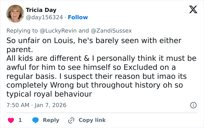Screenshot of a tweet about Prince William with his kids, user criticizes Louis being excluded and royal behaviour Screenshot of a tweet about Prince William with his kids, user criticizes Louis being excluded and royal behaviour
