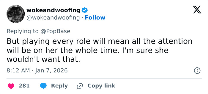 Tweet screenshot about Cynthia Erivo and Golden Globes, noting playing every role would put attention on her, Jan 7, 2026 Tweet screenshot about Cynthia Erivo and Golden Globes, noting playing every role would put attention on her, Jan 7, 2026
