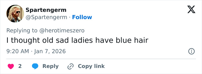 Tweet by user Spartengerm commenting on hair color, referencing blue hair and mentioning Trump’s hair turning pink in a stylist discussion. Tweet by user Spartengerm commenting on hair color, referencing blue hair and mentioning Trump’s hair turning pink in a stylist discussion.