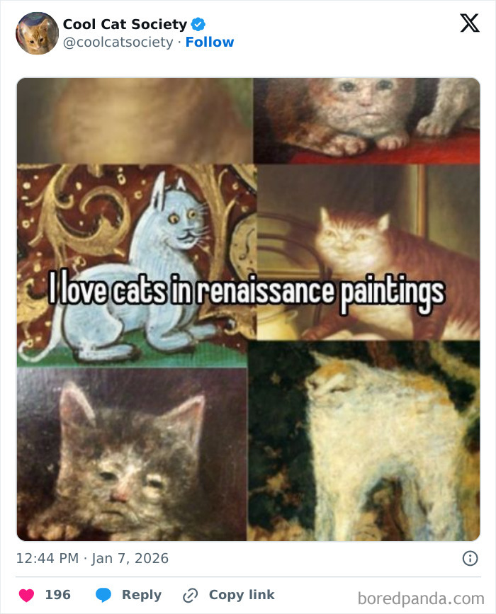 Funny memes featuring cats in Renaissance-style paintings highlighting how awesome cats are.