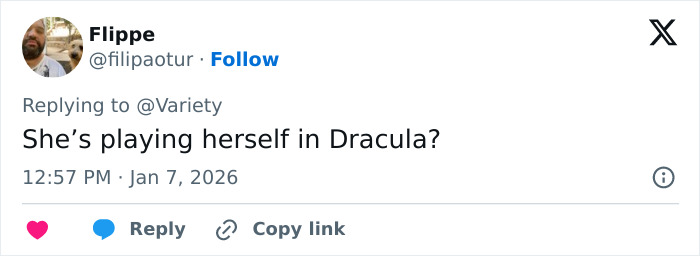 Tweet screenshot about Cynthia Erivo skipping Golden Globes, reply reads: She's playing herself in Dracula? Tweet screenshot about Cynthia Erivo skipping Golden Globes, reply reads: She's playing herself in Dracula?