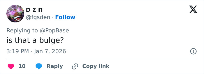 Tweet reply to PopBase reading is that a bulge? under photo of celebrity wax figure, user avatar and timestamp visible Tweet reply to PopBase reading is that a bulge? under photo of celebrity wax figure, user avatar and timestamp visible