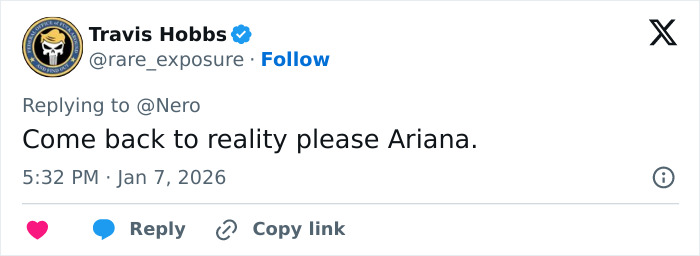 Tweet screenshot about Ariana Grande Wicked set photo reading Come back to reality please Ariana, Jan 7 2026 Tweet screenshot about Ariana Grande Wicked set photo reading Come back to reality please Ariana, Jan 7 2026