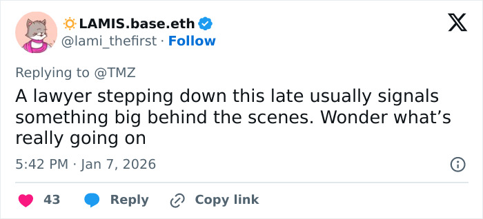 Tweet about a lawyer quitting Nick Reiner case, with speculations about a major plot twist behind the scenes from family silence. Tweet about a lawyer quitting Nick Reiner case, with speculations about a major plot twist behind the scenes from family silence.