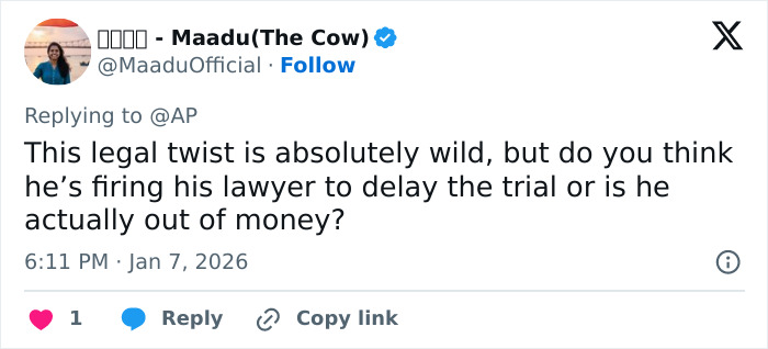 Tweet discussing the legal plot twist involving Nick Reiner’s family and the sudden quitting of his lawyer. Tweet discussing the legal plot twist involving Nick Reiner’s family and the sudden quitting of his lawyer.