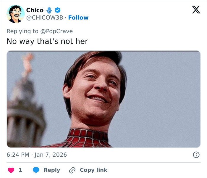 Tweet screenshot mocking Zendaya wax figure with reply no way that's not her, showing smiling Spider-Man meme Tweet screenshot mocking Zendaya wax figure with reply no way that's not her, showing smiling Spider-Man meme