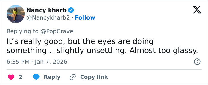 Zendaya wax figure criticism screenshot: tweet from Nancy kharb says the eyes are slightly unsettling, almost too glassy. Zendaya wax figure criticism screenshot: tweet from Nancy kharb says the eyes are slightly unsettling, almost too glassy.