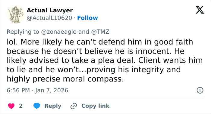 Tweet from Actual Lawyer discussing integrity and moral compass after lawyer quits Nick Reiner’s case breaking silence. Tweet from Actual Lawyer discussing integrity and moral compass after lawyer quits Nick Reiner’s case breaking silence.