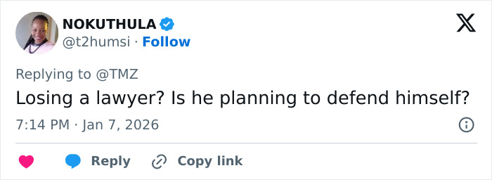 Twitter user Nokuthula replying to TMZ, questioning if Nick Reiner will defend himself after his lawyer quit the case. Twitter user Nokuthula replying to TMZ, questioning if Nick Reiner will defend himself after his lawyer quit the case.