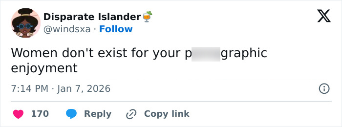 Tweet from user Disparate Islander criticizing men, highlighting online trolling after a viral breast reduction story in 2026.