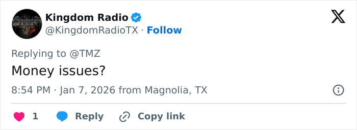Tweet from Kingdom Radio questioning money issues amid Nick Reiner’s family breaking silence after lawyer quits the case. Tweet from Kingdom Radio questioning money issues amid Nick Reiner’s family breaking silence after lawyer quits the case.
