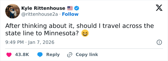 Screenshot of Kyle Rittenhouse’s tweet reacting to Minneapolis ICE slaying, sparking national disgrace debates online Screenshot of Kyle Rittenhouse’s tweet reacting to Minneapolis ICE slaying, sparking national disgrace debates online