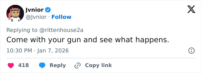 Screenshot of a Twitter reply reacting to Kyle Rittenhouse’s comments on the ICE slaying in Minneapolis. Screenshot of a Twitter reply reacting to Kyle Rittenhouse’s comments on the ICE slaying in Minneapolis.