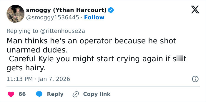 Tweet replying to Kyle Rittenhouse’s reaction sparking internet outrage over ICE slaying in Minneapolis. Tweet replying to Kyle Rittenhouse’s reaction sparking internet outrage over ICE slaying in Minneapolis.