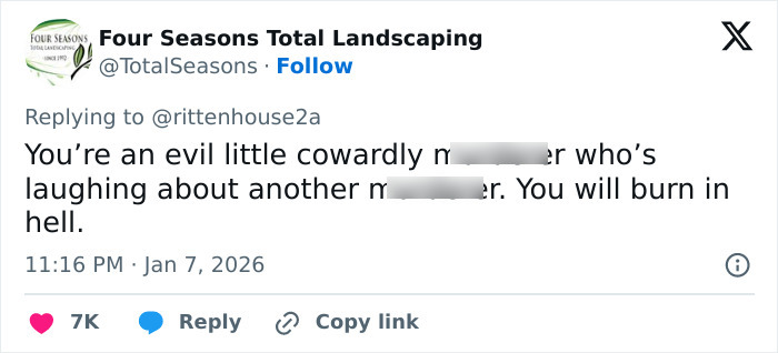 Tweet from Four Seasons Total Landscaping responding to Kyle Rittenhouse with harsh criticism after ICE slaying reaction.