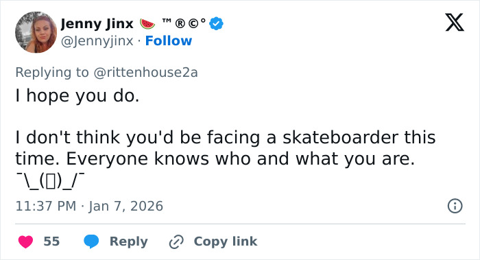 Tweet from user Jenny Jinx replying to Kyle Rittenhouse amid internet uproar over ICE slaying in Minneapolis. Tweet from user Jenny Jinx replying to Kyle Rittenhouse amid internet uproar over ICE slaying in Minneapolis.