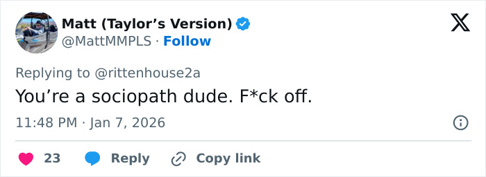 Screenshot of a social media reply criticizing Kyle Rittenhouse&rsquo;s reaction to the ICE slaying in Minneapolis.