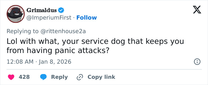 Screenshot of a tweet replying to Kyle Rittenhouse, referencing panic attacks and a service dog in a heated online discussion.