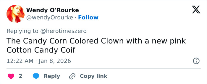 Tweet from Wendy O'Rourke commenting on a pink cotton candy hairstyle, relating to professional stylist and Trump's hair.