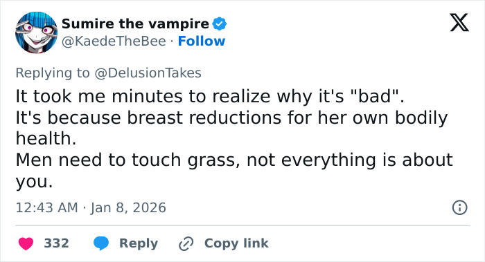 Screenshot of a tweet discussing breast reduction and online trolling after going viral in 2026.
