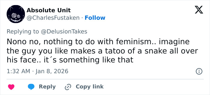 Tweet screenshot showing a user commenting on feminism in response to a viral breast reduction story in 2026. Tweet screenshot showing a user commenting on feminism in response to a viral breast reduction story in 2026.