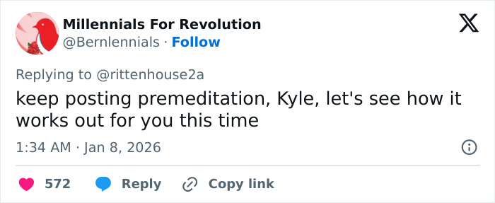 Tweet from Millennials For Revolution responding to Kyle Rittenhouse, sparking internet reaction over ICE slaying in Minneapolis. Tweet from Millennials For Revolution responding to Kyle Rittenhouse, sparking internet reaction over ICE slaying in Minneapolis.
